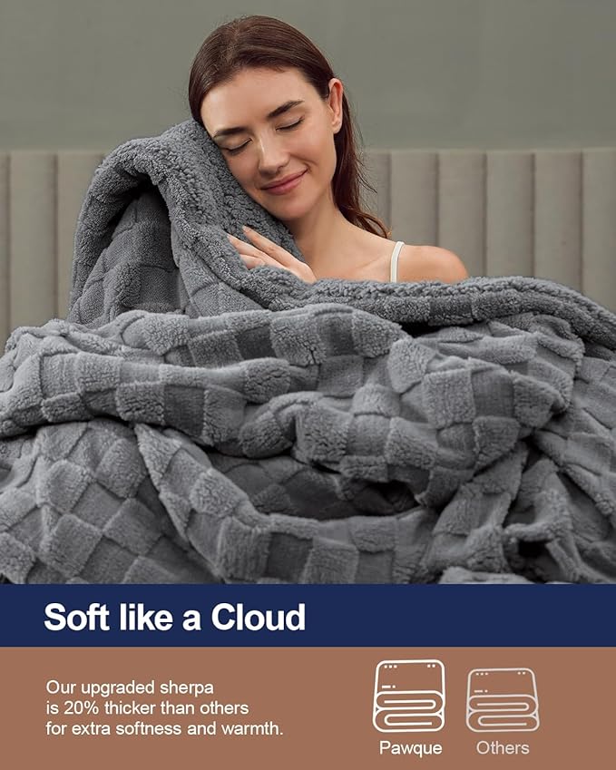 Pawque Super Soft Cozy Throw Blanket Twin Size for Couch Bed, Fluffy Sherpa Fleece Reversible Thick Warm Fuzzy Blanket for All-Season, 3D Checkered Jacquard Decorative Blankets, Grey, 60" x 80"