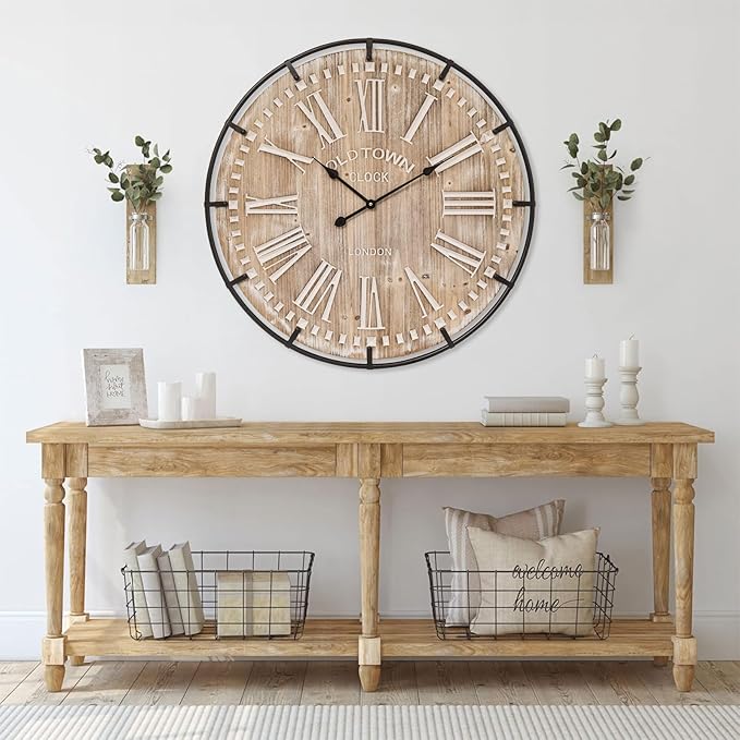 Farmhouse Wall Clock 30 Inch - Rustic Wood Metal Decor, Silent Sweep, Battery Operated for Living Room Kitchen Office, Brown