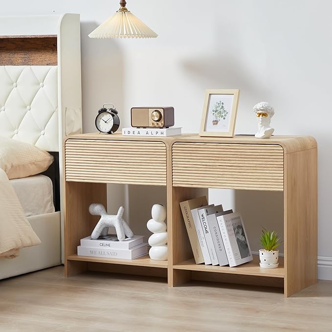 Fluted Nightstand Set of 2 with Charging Station, Modern Bed Side Table End Table with Drawer Storage, Large Wooden Night Stands Bedside for Bedroom Living Room Sofa Office, Natural 2 Sets