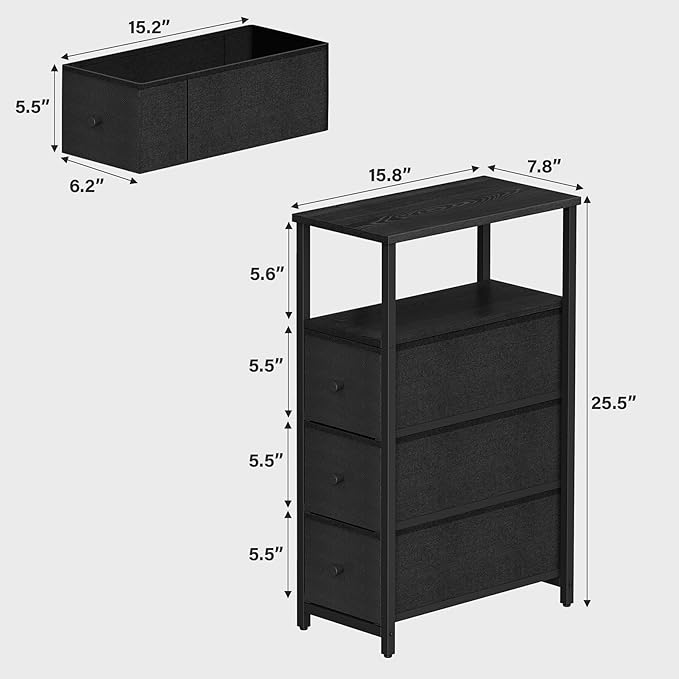 TUTOTAK Narrow Night Stand, Slim End Table, Tall Side Table with 3 Fabric Drawer, Small Bedside Table with Storage, Set of 2, for Living Room, Bedroom, Black TB01BK072