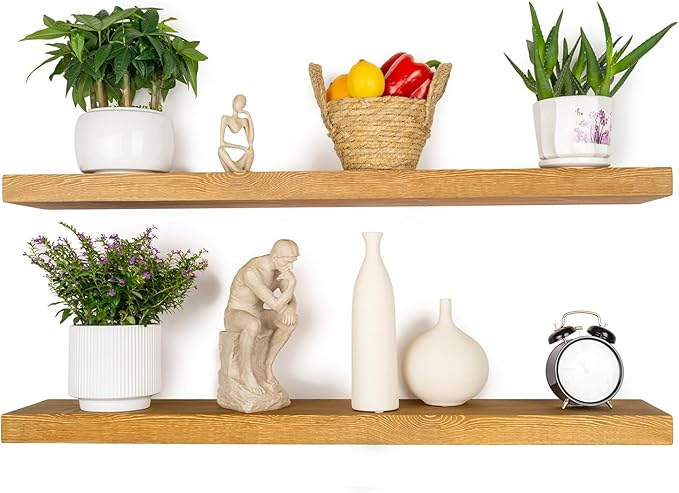 BGMG Wood Floating Shelves for Wall 36 inch Set of 2,Rustic Wooden Wall Mount Shelves for Bathroom Living Room Bedroom Kitchen Farmhouse-36x 6.7 x1.25 inch- Gold Oak