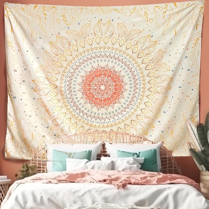 Damanse Floral Tapestry Wall Hanging Cute,Boho Wall Tapestry for Bedroom Aesthetic,Mandala Living Room Decor for Teen Girls (Yellow, 59.8"x78.7")