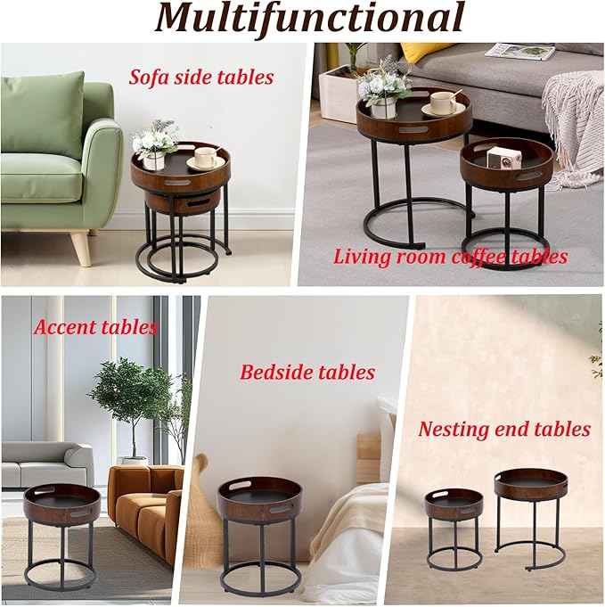 Nesting Coffee Table Set of 2, Small Round Stacking Side Table Set with Metal Frame, Nesting Tables for Living Room Bedroom Office Balcony (Wood, 2)