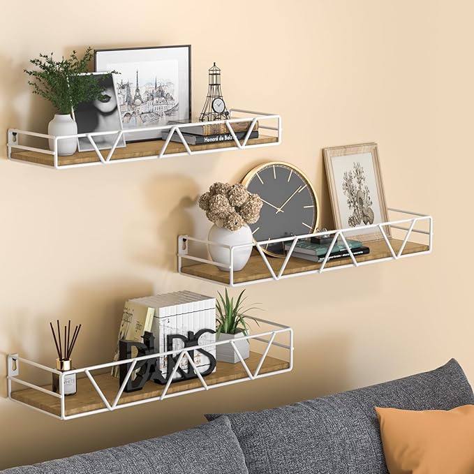 Floating Shelves Set of 3, Home Wood Wall Shelf, Farmhouse Shelf for Bedroom, Wall Mounted Floating Shelf for Living Room, Bedroom, Bathroom, Kitchen, Office (White)