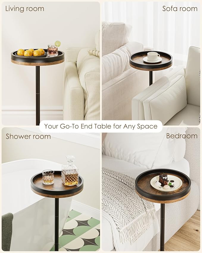 Masupu Drink Table, Round Side Table for Small Spaces, Pedestal Small End Table with Metal Base, for Living Room, Bedroom, Bathroom, Rustic Brown+Black(Lip)