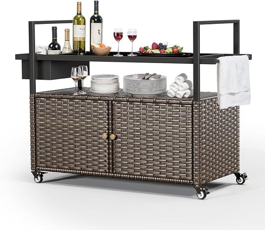 Outdoor Bar Cart with Storage Cabinet, Outdoor Grill Cart with Wheels, Rattan Bar Cart with Tempered Glass Tabletop, Outdoor Buffet Cabinet Table Cart for Mini Bar, BBQ, Food Serving, Brown Wicker