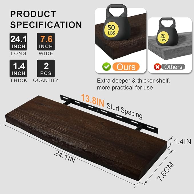 Floating Shelves Set of 2, Aged Elm Wood Picture Ledge Shelf, Floating Shelves for Wall for Bedroom Kitchen Bathroom Living Room (Walnut, 24 inch)