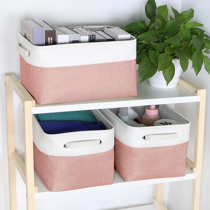 Kntiwiwo Foldable Storage Bins 15" x 10" x 9.5" Fabric Storage Basket Cube with Handles Large Linen Closet Organizer Bins for Organizing Shelf Home, Set of 3, Pink