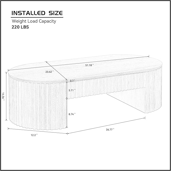 51.18'' Oval Coffee Table for Living Room Fluted Center Table with Drawer, Mid Century Modern Coffee Tables, Easy Assembly for Office Storage Tea Table Oak