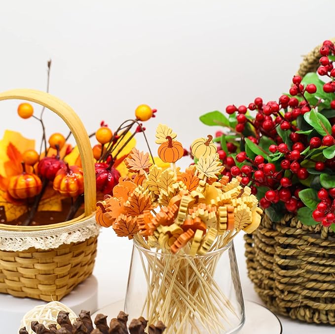 Fall Cocktail Picks Pumpkin Maple Leaf Assorted Autumn Theme Toothpicks Fruit Drinks Dessert Sticks Food Sandwich Appetizer Charcuterie Skewers, for Thanksgiving Decorations Party Supplies (100)