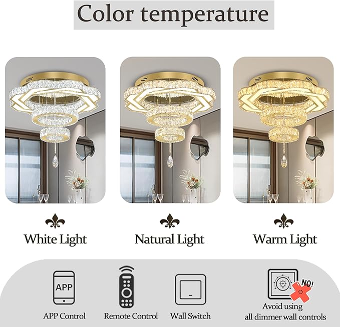 Flashing God Modern Crystal Chandeliers Dia 24" Gold Chandelier Flush Mount Ceiling Light for Bedroom Living Room Dining Room Hallway Dimmable 3 Rings LED Celing Lighting Fixtures