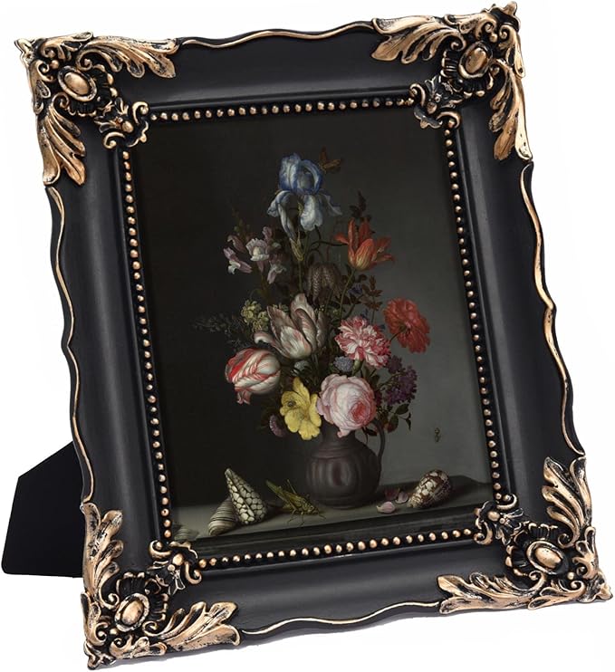 5x7 Vintage Picture Frame with Embossed Flower Design, Black Ornate Frame for 5x7 Pictures, Hand-Crafted Resin Antique Frames for Tabletop & Wall Hanging, Home Decor (Black)