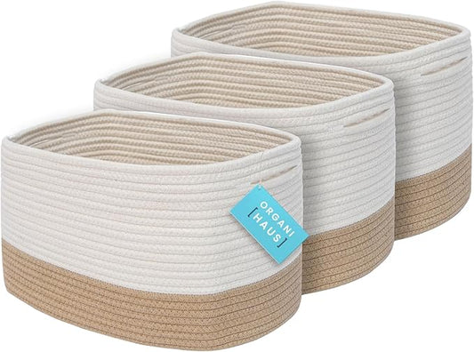 OrganiHaus Set of 3 Woven Storage Baskets for Organizing, Cotton Rope Organizer Bins for Shelves, Closet & Nursery, Dog Toy Basket, Decorative Bins for Toys, Towels & Books - 15x10x9, Honey/Off-White