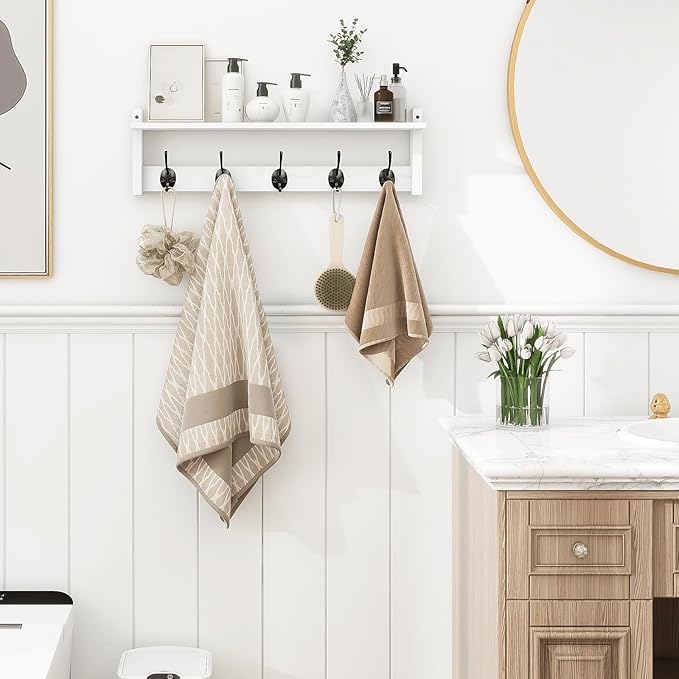 Homode Coat Rack with Wall Shelf and Hooks - 24 Inch Long, Wooden Hanging Coat Hanger with Hat Shelf for Entryway, Bathroom, Mudroom, White