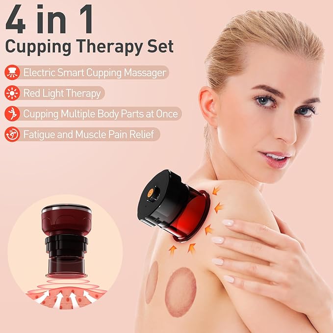 UBALANCE Smart Cupping Therapy Set - Cellulite Massager with 6 Massage Cups, Portable Electric Device for Enhanced Blood Circulation, Reduced Cellulite, and Muscle Soreness Relief（Red）
