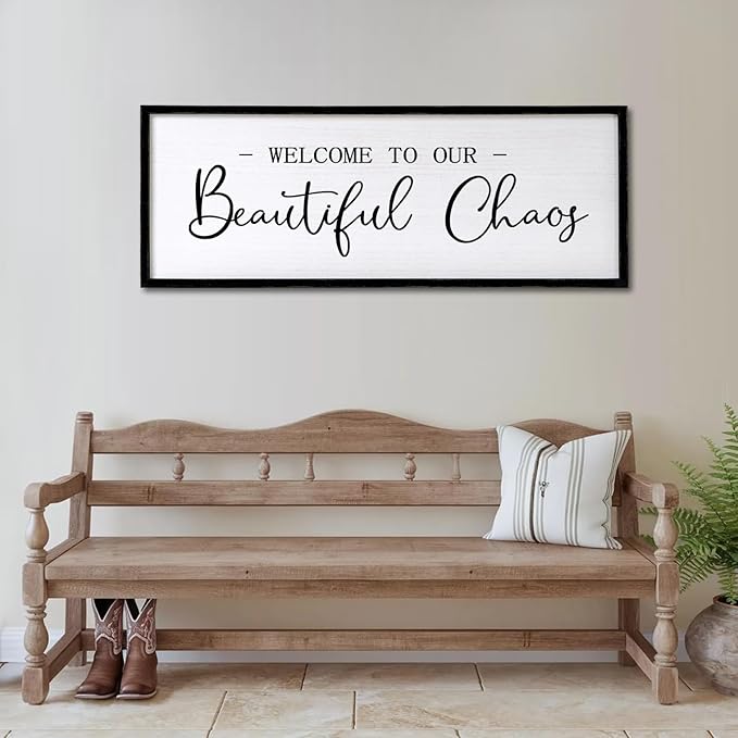 Welcome To Our Beautiful Chaos Sign Wall Decor Framed Wood 32X12 Inch For Rustic Home Living Room Entryway Bedroom Hanging Art (Wood)