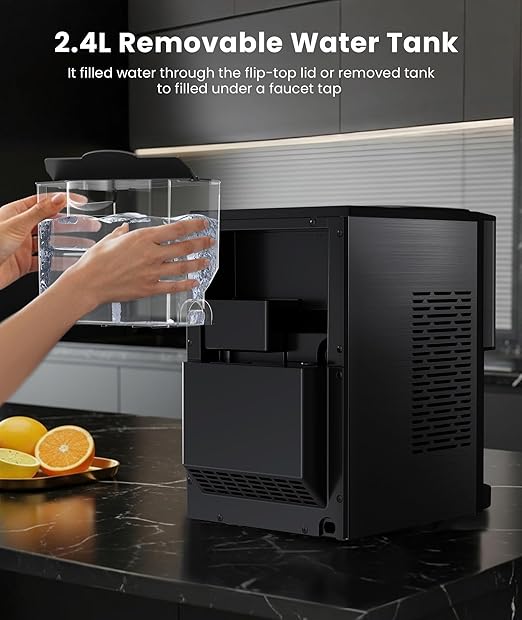 Nugget Ice Maker Countertop, 44lbs/24H Soft Chewable Pellet Ice Maker Machine Dispenser with Water Reservoir, Self-Cleaning, Pebble Ice Machine for Home Kitchen, Office, Black Stainless