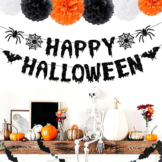 Orange Black Happy-Halloween Party Decorations - 13PCS Spider Web Bats Streamers Banner ,Paper Flowers Lanterns Tissue Pom Poms Fans, Classroom Birthday Bachelorette Hanging Supplies Decor Hugfond