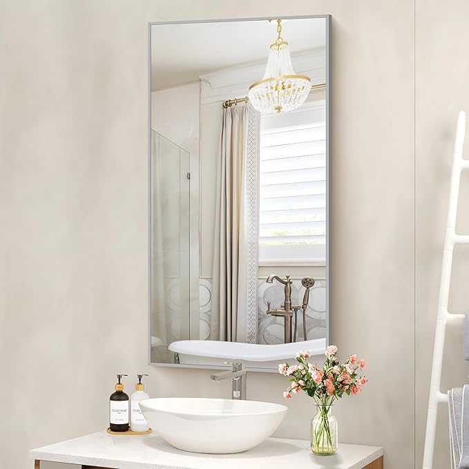 48x24In Silver Bathroom Mirror for Wall, Brushed Nickel Rectangle Mirrors with Metal Frame, Bathroom Rectangular Mirror Modern Wall Mirror for Bedroom Living Room, Hangs Horizontal or Vertical