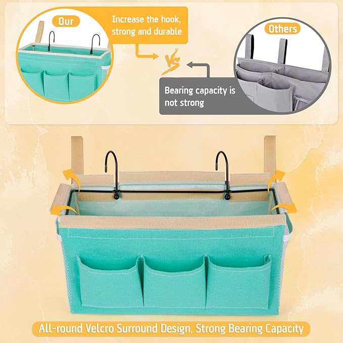 Bedside Caddy Bedside Organizer Bedside Storage Caddy with Fixed Straps and Water Bottle Holder for Home College Dorm Bunk Bed Hospital Bed Crib Bed Rails (2pcs Green)