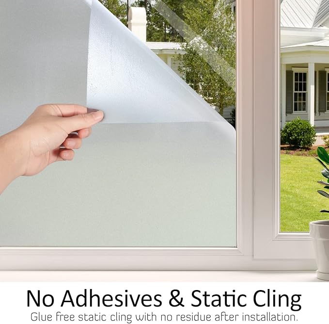 HIDBEA Frosted Window Privacy Film Heat Control UV Blocking, Static Cling Non-Adhesive Reusable Door coverings for Bathroom Home Office (Frosted 17.3 Inch x 13.1 Feet)