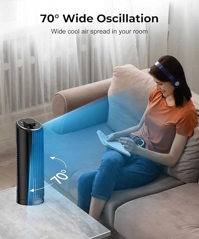 Abolee Tower Fan, 23ft/s Desk Fan, 70° Oscillating Table Fan for Bedroom, Standing Table Fan with 3 Modes, 2024 New 13 Inch Bladeless fan for Bedroom, Home,Office