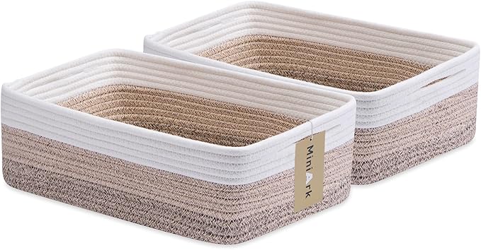 Large Shallow Organizing Baskets 15x11x5.1 Inches - Rope Woven Storage Bins for Bathroom, Shelves, Cube Closet, Gradient Brown 2 Packs