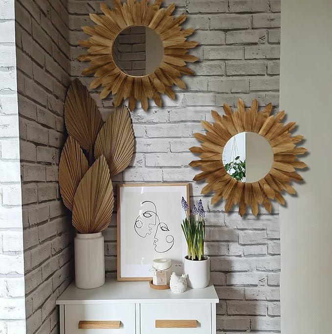 LOSOUR 2 Pack 22 Inch Boho Wall Sunburst Mirror Rustic Round Wood Decorative Mirror Boho Wall Art Decor for Entryway Bedroom Living Room