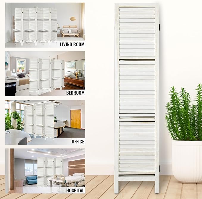Room Divider with Shelves, Privacy Screen, Room Dividers and Folding Privacy Screens, 6 Panel Wood Temporary Wall Partition Separation Separator, White