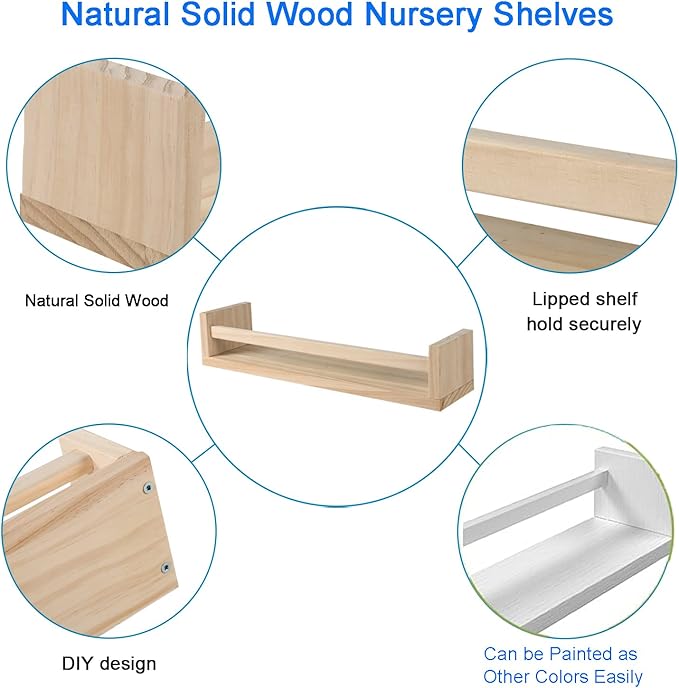 Nursery Floating Book Shelves for Kids Room, Kitchen Spice Rack, or Rustic Wall Mounted Shelves for Farmhouse Bathroom Decor (Natural Wood),Set of 2