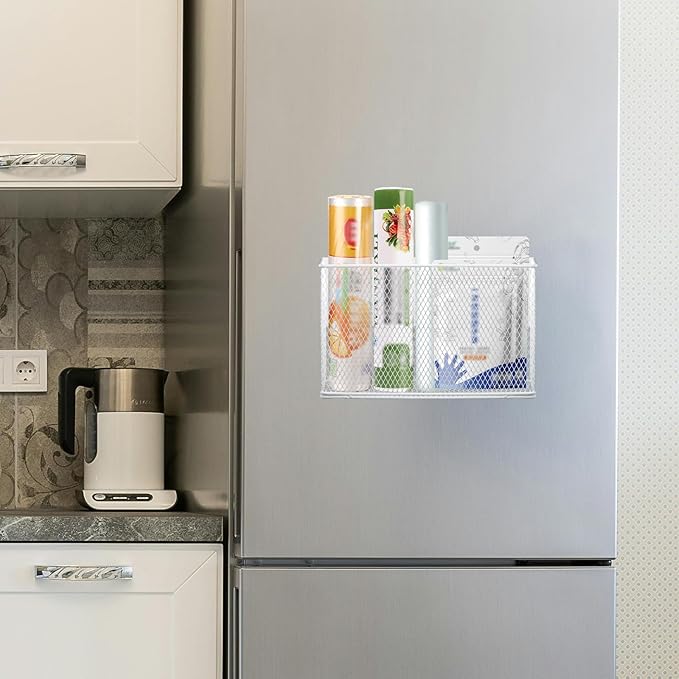 Magnetic Basket Organizer Holder for Fridge Magnetic Storage Bin Box Containers, White Magnetic Locker Organizer Holder for Kitchen Storage, Magazine, Whiteboard,10" × 3.34" ×5.9"