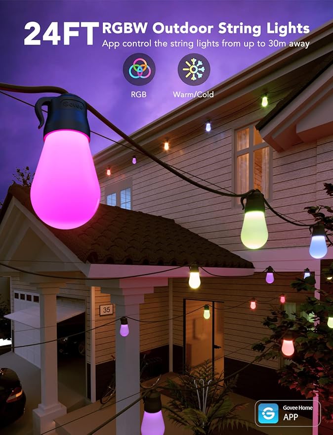 Govee Smart Outdoor String Lights H7029, 24ft RGBIC Outdoor Lights with 8 Dimmable LED Bulbs, IP65 Waterproof, Color Changing Warm White Lights with 47 Scene Modes for Patio, Backyard, App Control