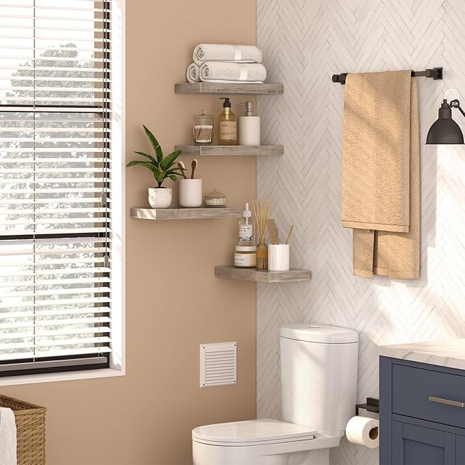 HOOBRO Floating Shelves for Wall, Wall Mounted Shelf Set of 2, 15.7" Hanging Shelf with Invisible Brackets, for Wall in Bathroom, Bedroom, Toilet, Kitchen, Living Room, Office, Greige BG40BJ01