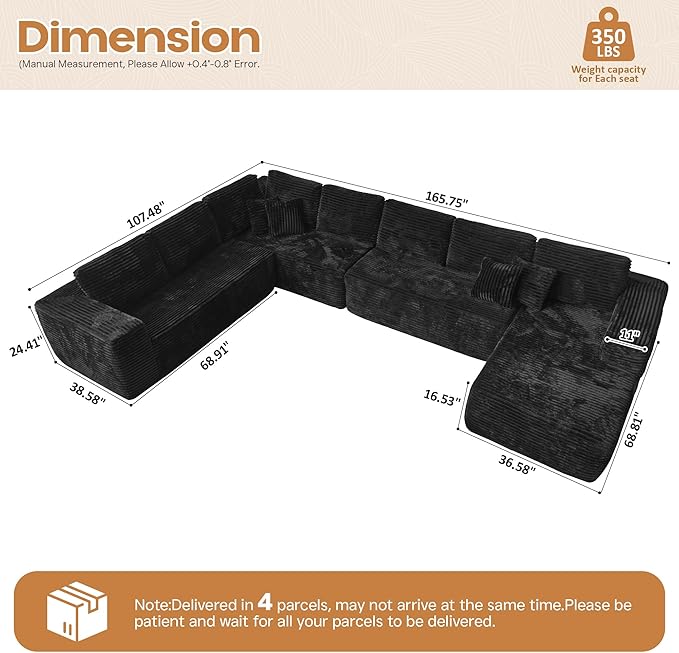 Cloud Sectional Couches for Living Room,U Shaped Modular Sofas No Assembly,165x107 Inches Plush Corduroy Oversized Floor Couch Set with Deep Seat Chaise,Black