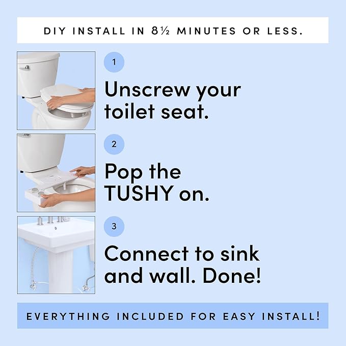 TUSHY Spa Warm Water Bidet Attachment for Toilet. Universal Fit, Easy Install (Requires Sink Access for Optional Temperature Control) Self Cleaning, Adjustable Pressure, Angle Control, Blue/Bamboo
