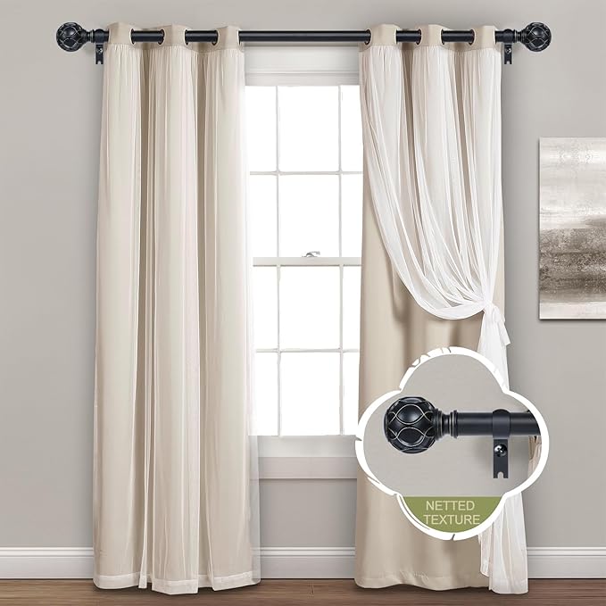 Black Adjustable Curtain Rods for Windows:18-60" Farmhouse Heavy Duty Curtain Rod for Bedroom Living Room,Boho Decorative Rustic Drapery Rods with Vintage Coastal Texture Finial,Matte Black