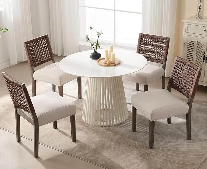 Kmax Farmhouse Dining Chairs Set of 6, Rustic Kitchen Chairs with Linen Fabric Seat and Woven Back, Vintage Accent Chairs for Dining Room, Living Room, Beige