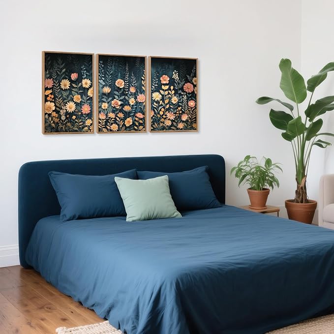 HPNIUB Modern Dark Wildflower Framed Canvas Wall Art Set,Minimalist Nature Jungle Botanical Landscape Wall Decor, (16x24 Inch) Farmhouse Painting for Living Room, Bedroom, Office