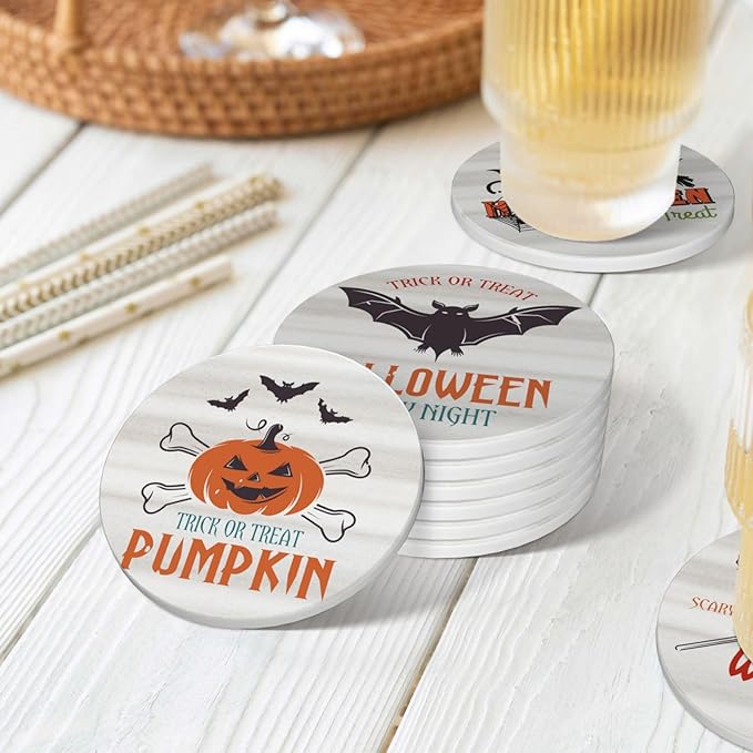 6 PCS Halloween Coasters with Metal Holder and Cork Base Ceramic Drink Coasters Absorbent Cup Mat Non-Slip for Home Kitchen Office Table Decor, 4 Inch Halloween 1