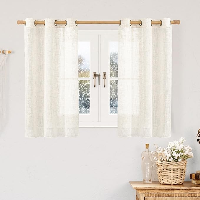 LAMIT Natural Linen Semi Sheer Curtains 45 Inch Length for Small Windows, Light Filtering Curtains Farmhouse Boho Bronze Grommet Drapes for Kitchen/RV Camper, 2 Panels (34 x 45 Inch, Cream)