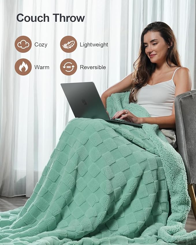 Pawque Super Soft Cozy Throw Blanket Twin Size for Couch Bed, Fluffy Sherpa Fleece Reversible Thick Warm Fuzzy Blanket for All-Season, 3D Checkered Jacquard Decorative Blankets, Sage Green, 60"x80"