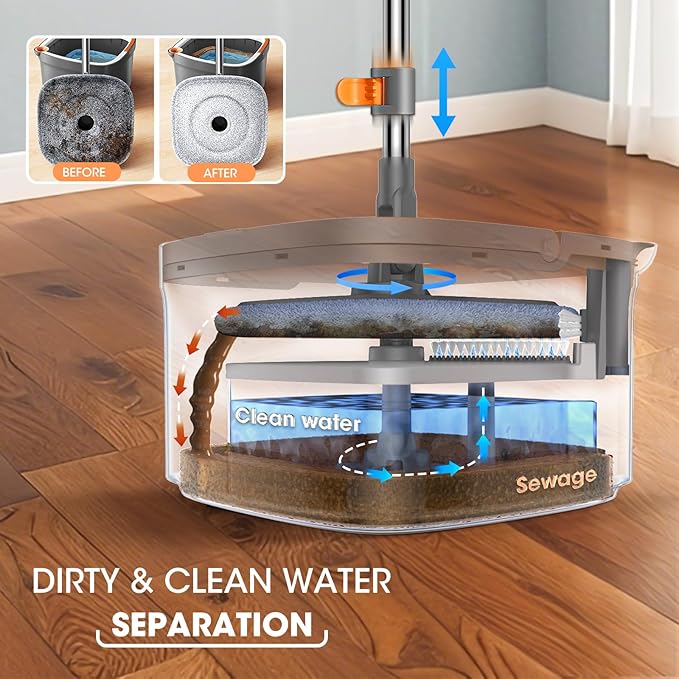 Mop and Bucket Set, Spin Mop with Separate Dirty Water System, Deep-Cleaning Mops for Floors, Versatile Mops for Walls
