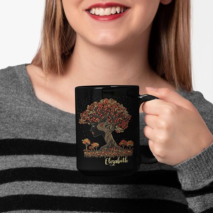 Custom Name Coffee Mug 11oz 15oz, Unique Nature Inspired Coffee Cup for Women, Personalized Vibrant Nature Themed Black Cup, Artistic Tree Ceramic Mug, Gifts for Women's Day