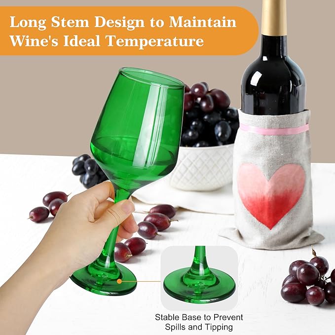Green Wine Glasses Set of 6-14oz Long Stem Wine Glass, Pretty Crystal Glassware, Hand Blown Goblets Drinkware, Unique Stemware Wine Glass Holiday Gift Set