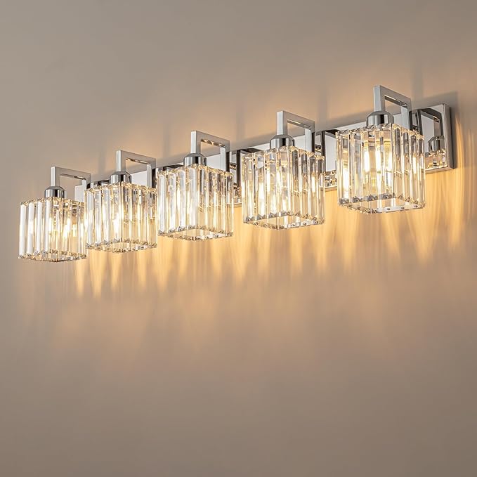 Modern Bathroom Vanity Light 5-Lights Chrome Crystal Wall Lamp Bathroom Modern Crystal Vanity Lighting