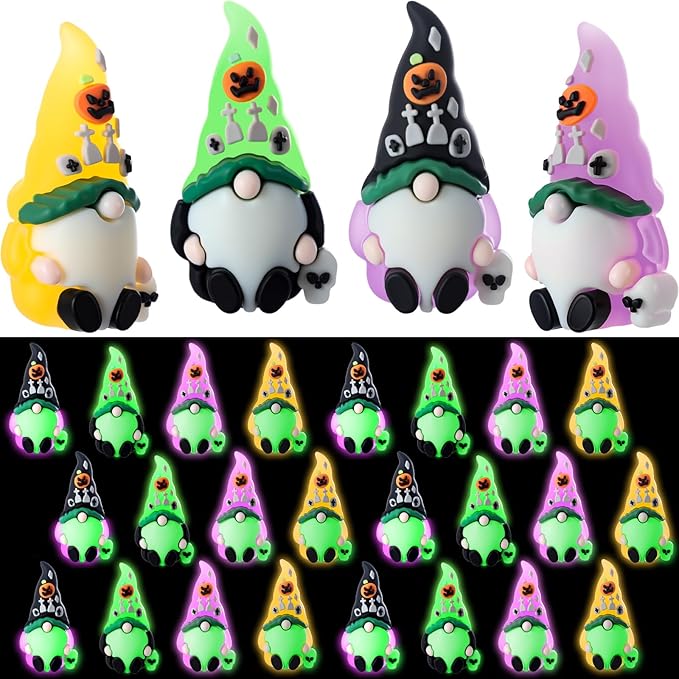 Wesiti 25 Pcs Luminous Halloween Mini Gnomes Figurines Bulk Glow in Dark Miniature Ornaments Hide and Seek Tiny Gnomes Figures Statue Halloween Party Favor Bag Fillers Garden Dollhouse Decor Gifts