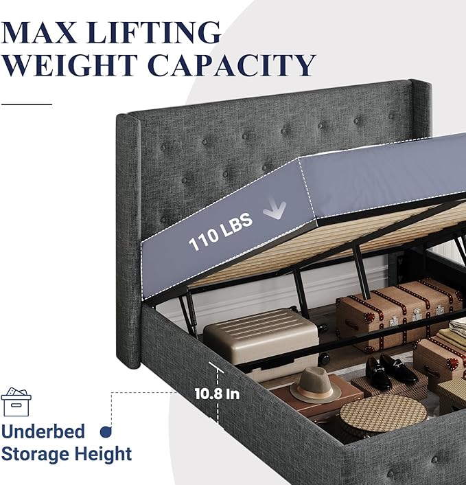 Allewie Queen Size Lift Up Storage Bed, Button Tufted Headboard with Wingback, Hydraulic Support, No Box Spring Needed, Dark Grey