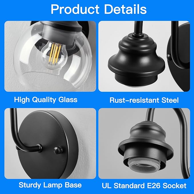 Farmhouse Gooseneck Wall Sconces Set of Two, Bathroom Vintage Black Vanity Light, Rustic Indoor Wall Light Fixtures with Clear Glass for Bathroom Beside Mirror Living Room Hallway