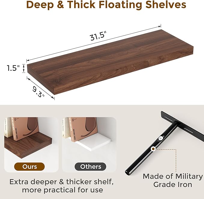Rustic Wood Floating Shelves 32 Inch Long, 9 Inch Deep Wall Shelves for Home Decor, 32 x 9 Floating Shelf Wall Mounted Set of 2, Deep Floating Shelves for Kitchen, Bedroom, Living Room, Walnut Color