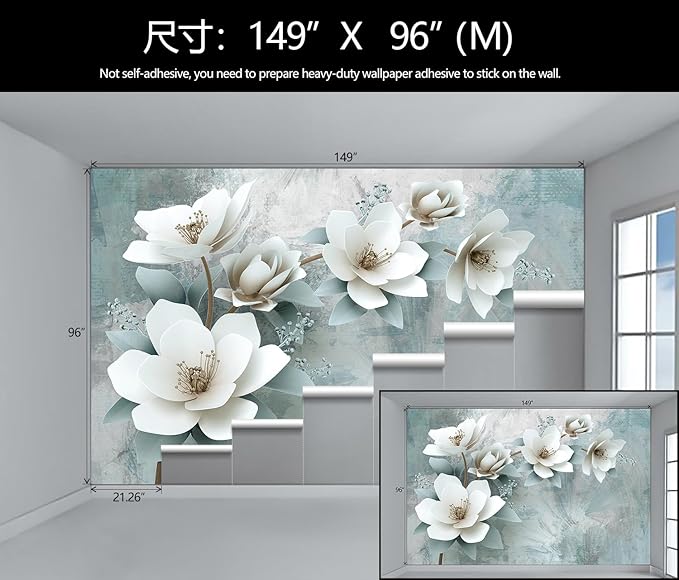 WFBHUA-Green Floral Wallpaper Mural Modern Large 3D Art Flower Wallpaper for Living Room Bedroom Bathroom Wall Mural(Not Peel and Stick)